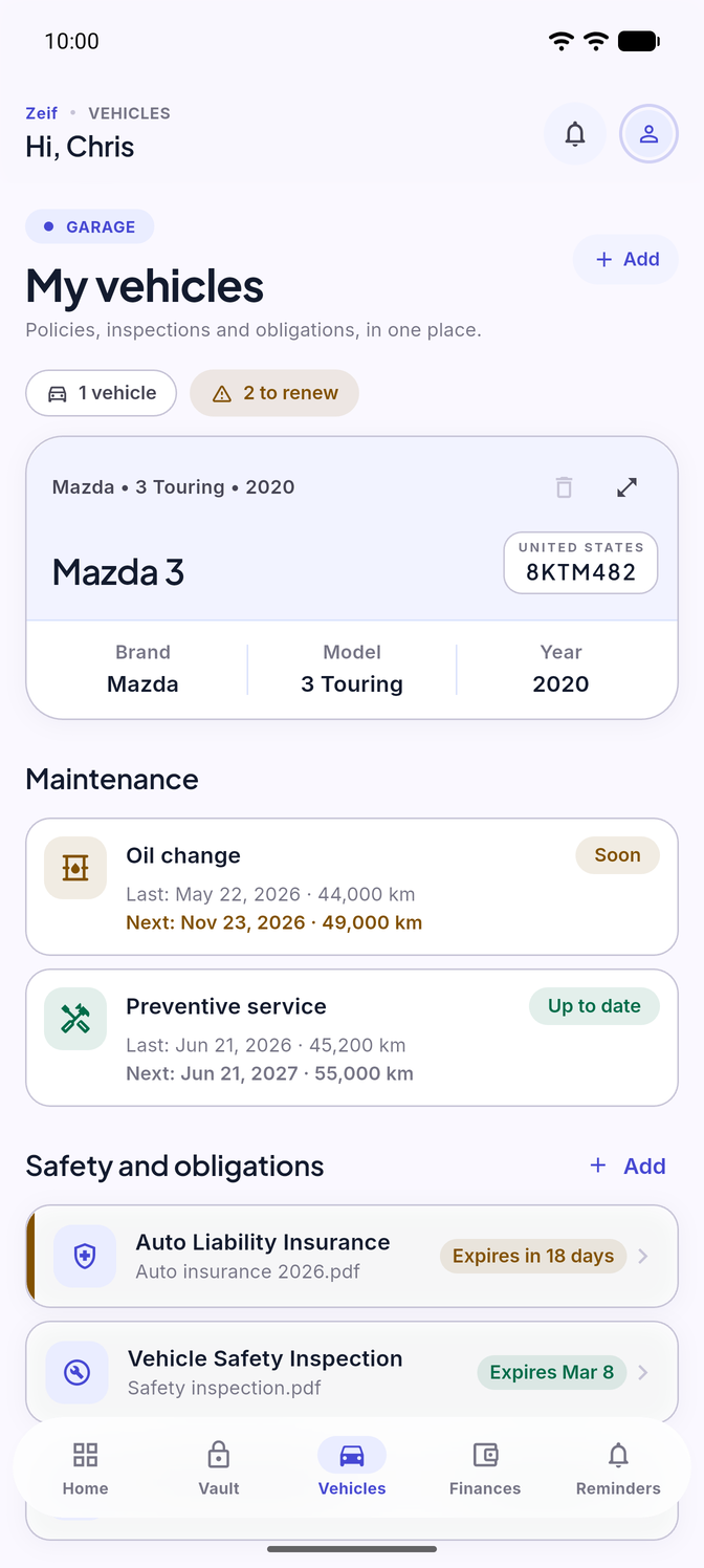 A vehicle in Zeif with its insurance, inspection and next oil change