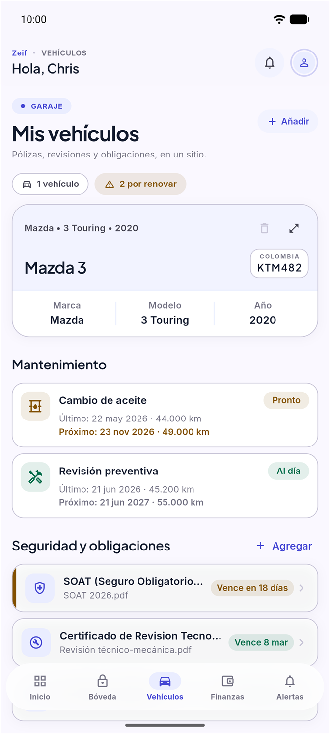 Ficha de un vehículo en Zeif con el SOAT, la tecnomecánica y el próximo cambio de aceite